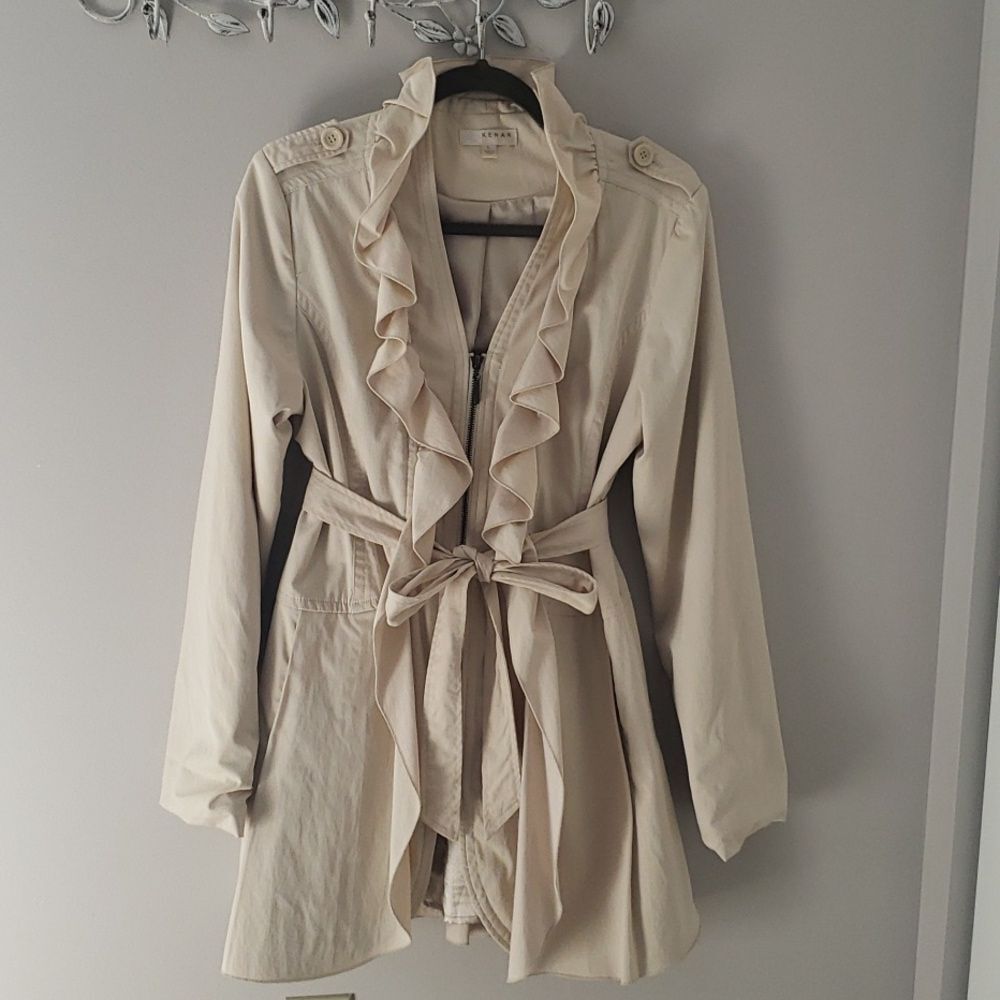 Kenar Ruffled Belted Lined Zipper Trench Coat Tan Cream women's large
